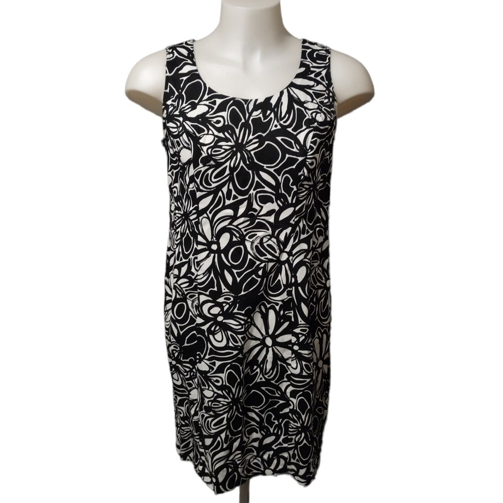 Dressbarn‎ Shift Dress 14P Women USA Boho Retro Bold Black White Floral Summer